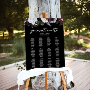 Modelo de sinal de gráfico de assentos de casamento floral, casamento sombrio e temperamental, sinal de plano de assentos botânico, casamento minimalista, imprimível, editável, D1