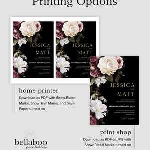 May include: A printable wedding invitation template with a black background and floral design. The text reads "Jessica and Matt" with the wedding date and time. The invitation is available for download as a PDF with bleed and trim marks.
