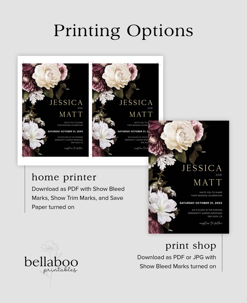 May include: A printable wedding invitation template with a black background and floral design. The text reads "Jessica and Matt" with the wedding date and time. The invitation is available for download as a PDF with bleed and trim marks.