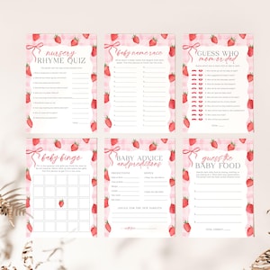 May include: Six printable baby shower game cards with a pink and white background and a strawberry pattern. The games include: Nursery Rhyme Quiz, Baby Name Race, Guess Who Mom or Dad, Baby Bingo, Baby Advice and Predictions, and Guess the Baby Food.