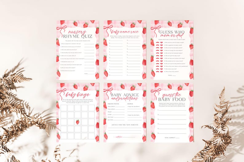 May include: Six printable baby shower game cards with a pink and white background and a strawberry pattern. The games include: Nursery Rhyme Quiz, Baby Name Race, Guess Who Mom or Dad, Baby Bingo, Baby Advice and Predictions, and Guess the Baby Food.