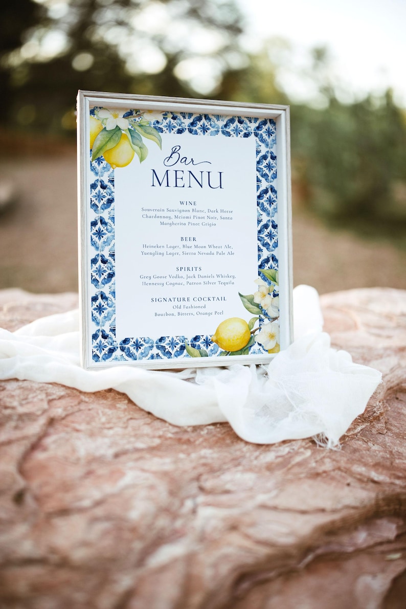 May include: A white framed sign with a blue and white tiled pattern border. The sign has a handwritten title "Bar Menu" and lists various wine, beer, spirits, and a signature cocktail.