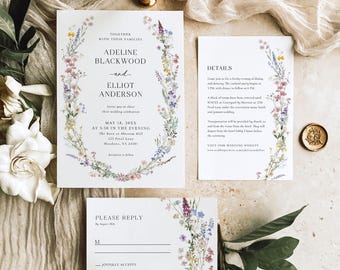 Wildflower Wedding Invitation Template, Floral Wedding Invitation Set, Spring Wedding Invitation Flower Boho Wedding Invitation Floral, S9