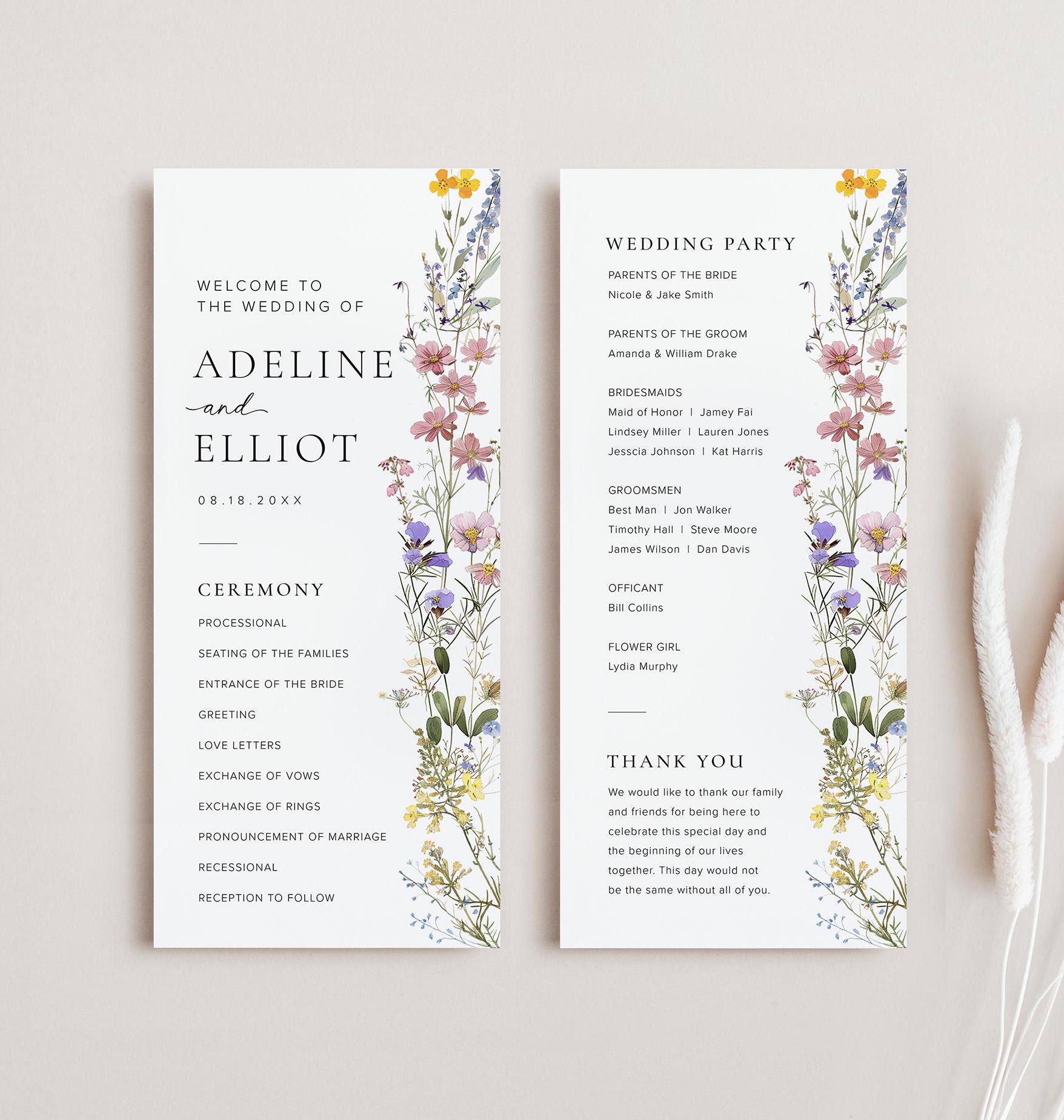 Wildflower Wedding Program Template, Order of Service Wedding Ceremony ...