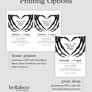 Puede incluir: Dos invitaciones de boda imprimibles en blanco y negro con un dise&ntilde;o de coraz&oacute;n de mano de esqueleto. El texto en las invitaciones dice "Till Death Do Us Part" y "Hannah & Logan" con la fecha de la boda "10.31.20XX".
