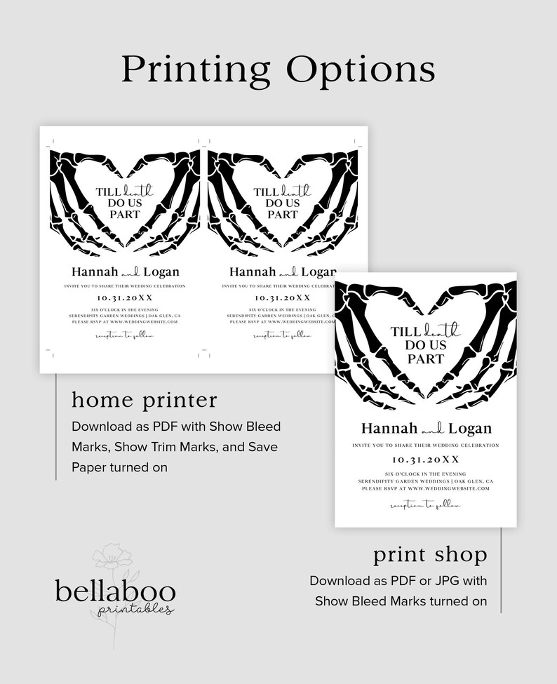 Puede incluir: Dos invitaciones de boda imprimibles en blanco y negro con un dise&ntilde;o de coraz&oacute;n de mano de esqueleto. El texto en las invitaciones dice "Till Death Do Us Part" y "Hannah & Logan" con la fecha de la boda "10.31.20XX".