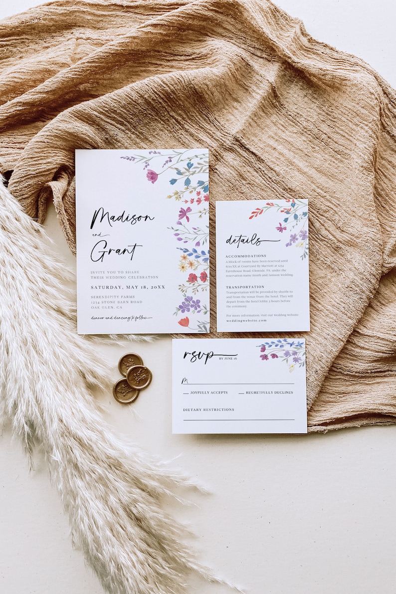 Wildflower Invitation Suite Templates, Floral Wedding Invitation, Boho Wedding, Printable Spring Wedding, Garden Flowers Invite, QR Code, S1 image 2