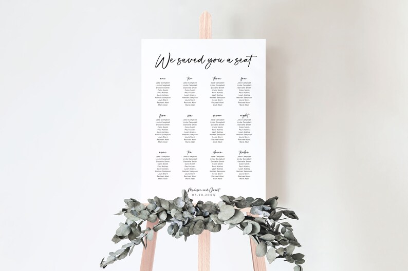 Cartel de tabla de asientos minimalista, signo de tabla de asientos de boda moderna, tabla de asientos boho, asientos de boda, plantilla de tabla de asientos editable, M1 imagen 4