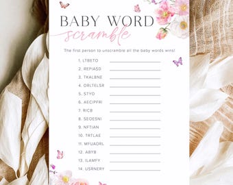 Word Scramble Baby Shower Game Template, Baby Word Scramble Game, Floral Baby Shower Wildflower Baby Shower Games Baby Word Puzzle Game, 11B