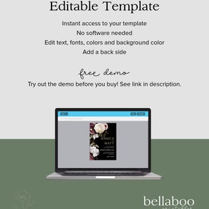 May include: Editable template for a wedding invitation with a black background and floral design. The text on the invitation reads "Jessica & Matt".