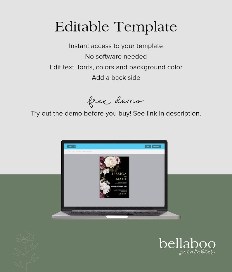 May include: Editable template for a wedding invitation with a black background and floral design. The text on the invitation reads "Jessica & Matt".