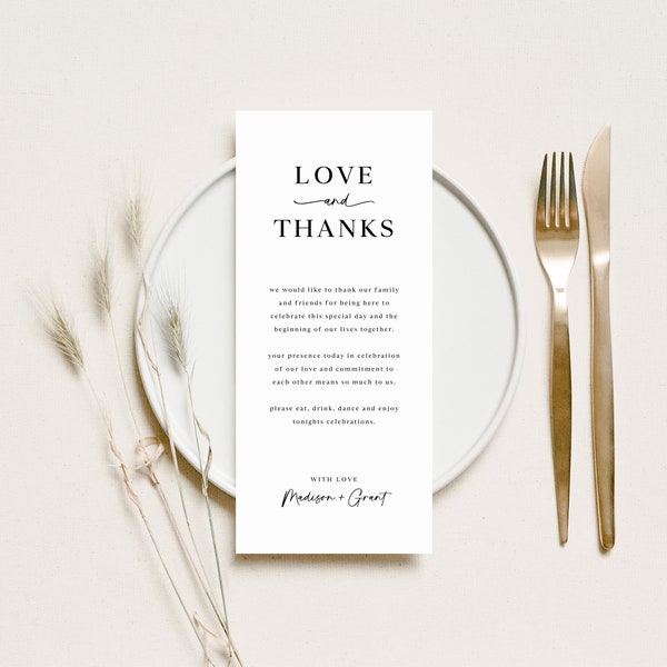 Minimalist Thank You Note Template, Thank You Place Card, Modern Place Setting Thank You, Wedding Napkin Note, Printable, Editable, M1