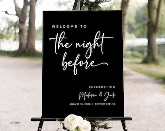May include: Black welcome sign with white text that reads "Welcome to the night before celebrating Madison & Jack August 18, 20XX Rutherford, CA". The sign is on a black easel.