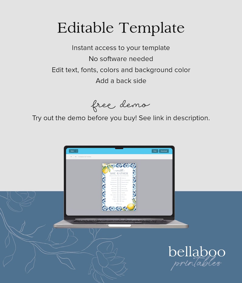 May include: A laptop screen displaying a printable "She Rather" game template with a lemon and blue tile design. The text "bellaboo printables" is visible in the bottom right corner of the image.