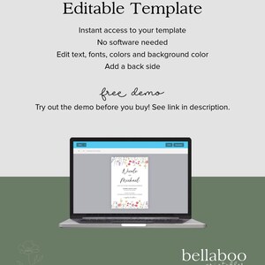 May include: Editable wedding invitation template with a floral design. The template features the names "Nicole and Michael" in a handwritten font. The template is shown on a laptop screen with a blue and white interface.