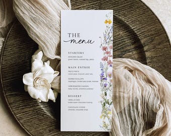 Modelo de menu de flores silvestres, menu de casamento de flores silvestres, menu de chá de panela floral, menu de casamento de flores silvestres, cartão de menu de casamento boho, S9