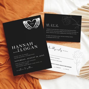 Gothic Hochzeitseinladung Vorlagen, Halloween Hochzeitseinladung, Stimmungsvolle Hochzeitseinladung, druckbare Skelett Hochzeitseinladung Set, H3