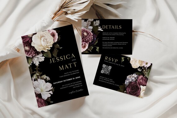 Moody Wedding Invitation Set Templates, Dark Wedding Invitation, Jewel Tone Wedding Invitation, QR Code, Black Floral Wedding Invitation, D1