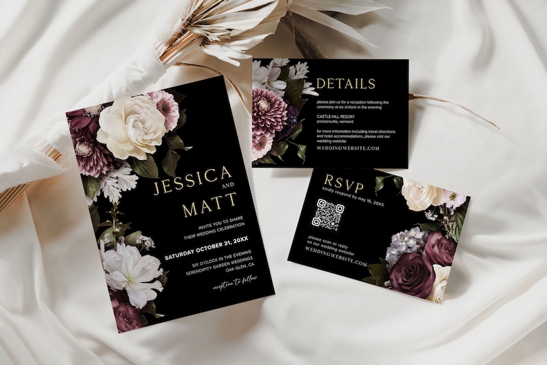 May include: Black wedding invitation suite with gold lettering and floral accents. The invitation features the names "Jessica and Matt" and the date "Saturday October 31, 20XX". The details card includes the venue "Castle Hill Resort" and the website "weddingwebsite.com". The RSVP card has a QR code and the text "RSVP, simply respond by May 1st, 20XX".
