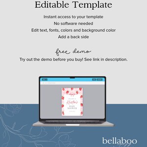 May include: A laptop screen displaying a pink and white baby shower invitation with strawberries and gingham print. The invitation says "Welcome to Kristen's Baby Shower". The text "bellaboo printables" is visible at the bottom of the image.