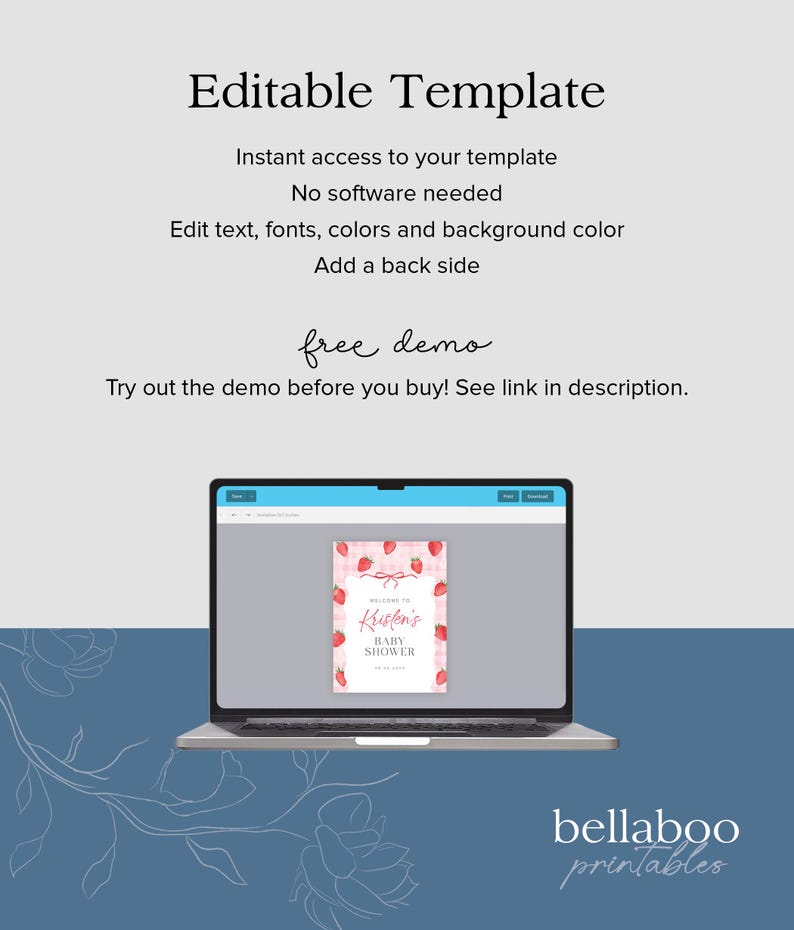 May include: A laptop screen displaying a pink and white baby shower invitation with strawberries and gingham print. The invitation says "Welcome to Kristen's Baby Shower". The text "bellaboo printables" is visible at the bottom of the image.