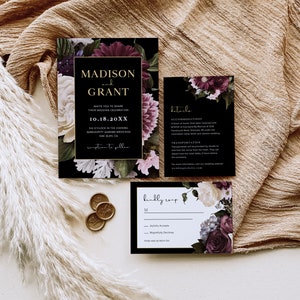 Schwarz Und Burgund Hochzeitseinladung Vorlagen, Gothic Hochzeit, Dark Forest Hochzeitseinladung, druckbare Moody Oktober Hochzeit, D2