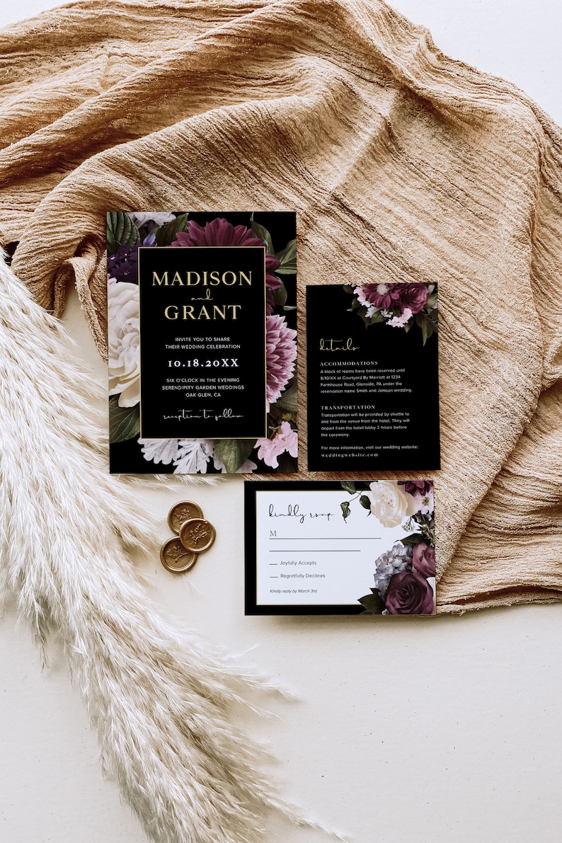 Moody Wedding Invitation Set Templates Dark Florals Wedding - Etsy