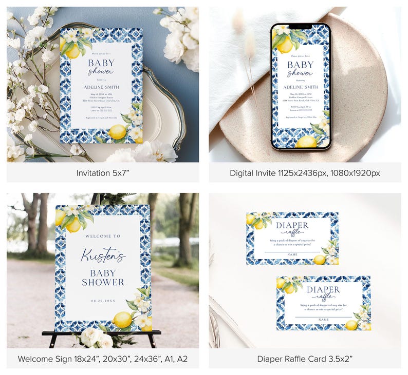 Mediterranean Lemon Baby Shower Invitation Template, Amalfi Baby Shower Italian Baby Shower Bundle Citrus Baby Shower Games Printable, B6 image 2