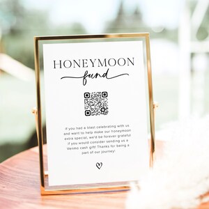 Znak funduszu miesiąca miodowego z szablonem kodu QR, znak prezentu gotówkowego na ślub, drukowany znak miesiąca miodowego Venmo, edytowalny minimalistyczny znak upominkowy, M1