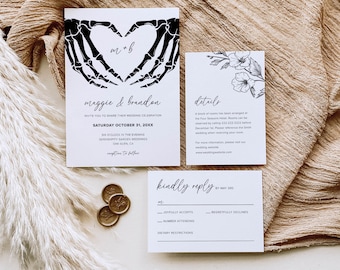 Halloween Gothic Wedding Invitation Set Template, Dark Moody Wedding, Till Death Do Us Part, Details, RSVP, Editable, Instant Download, B1