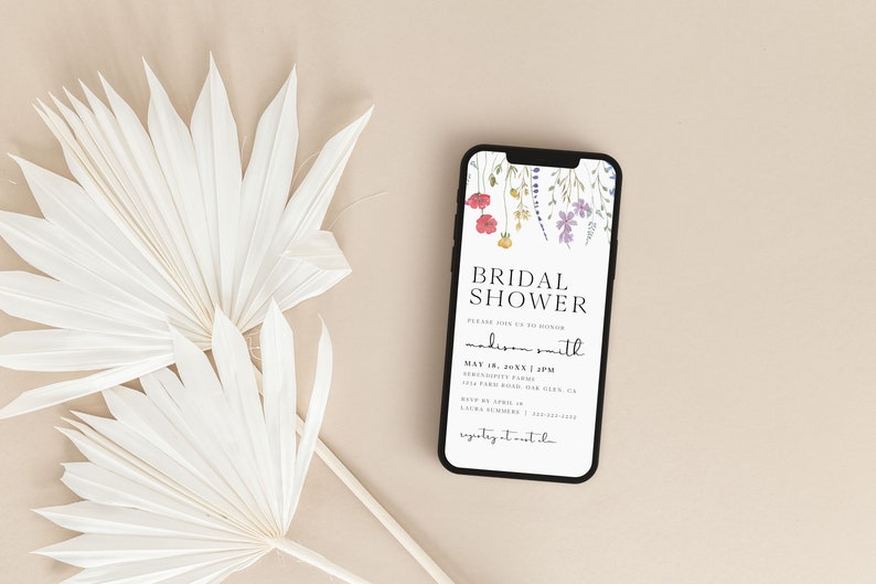 Boho Wildflower Bridal Shower Evite Invitation Template, Spring Garden Bridal Brunch Digital Invitation, Floral Mobile iPhone Invite, S2 image 2