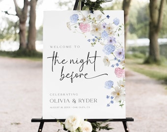 Blue Floral Rehearsal Dinner Welcome Sign Template, The Night Before Welcome Sign, Rehearsal Dinner Welcome Sign, Wedding Rehearsal Sign, S6