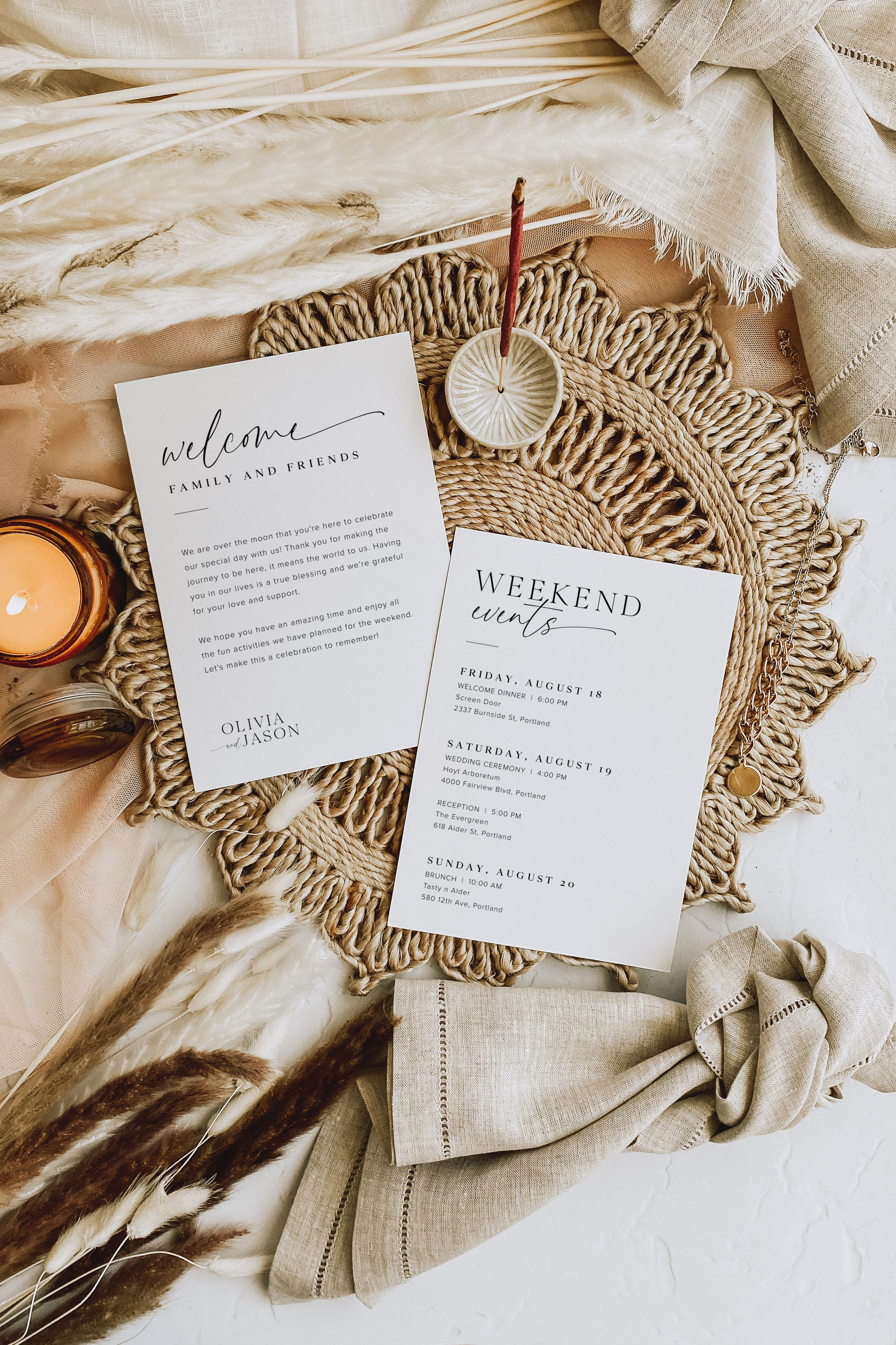 Wedding Welcome Bag Note and Timeline Template, Minimalist Wedding Events Timeline, Printable Wedding Weekend Order of Events, Editable, M2
