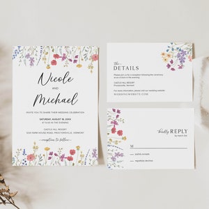 May include: Wedding invitation suite with a floral design. The invitation features the names "Nicole and Michael" and details about the wedding ceremony and reception. The RSVP card includes a floral border and the text "Kindly Reply by March 3rd".