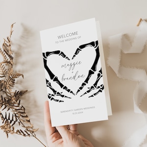 Plantilla de programa de ceremonia gótica, tarjeta de programa de boda Dark Moody, orden de servicio de Halloween, editable, descarga instantánea, B1
