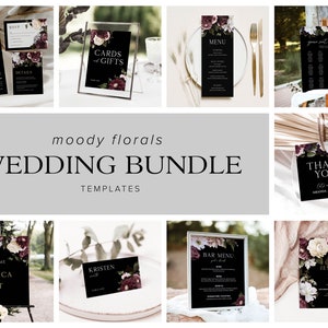 Moody Floral Wedding Bundle Templates, Moody Wedding Invitation, Dark Wedding Invitation, Jewel Tone Wedding Invitation, Gothic Wedding, D1