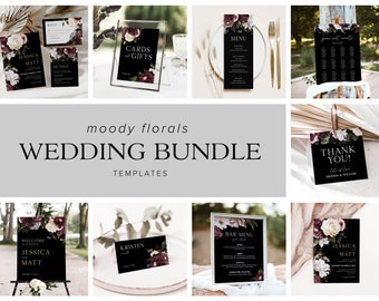 Plantillas de paquetes de bodas florales cambiantes, invitación de boda cambiante, invitación de boda oscura, invitación de boda en tono joya, boda gótica, D1