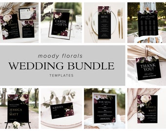 Moody Floral Wedding Bundle Templates, Moody Wedding Invitation, Dark Wedding Invitation, Jewel Tone Wedding Invitation, Gothic Wedding, D1