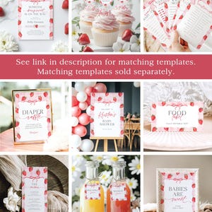 May include: A set of printable baby shower party decorations featuring a strawberry theme. The decorations include a welcome sign, food labels, a diaper raffle sign, a menu, and cupcake toppers. The decorations are pink and white with a watercolor strawberry pattern.