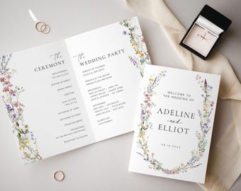 Modèle de programme de mariage fleurs sauvages Ordre de service fleurs sauvages Programme de cérémonie de mariage floral Programme de mariage plié Programme fleurs sauvages S9