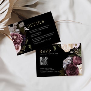 May include: Two black cards with gold text and floral designs. The first card says "DETAILS" and includes the text "CASTLE HILL RESORT" and "WEDDING WEBSITE.COM". The second card says "RSVP" and includes the text "kindly respond by May 18, 20XX" and "WEDDING WEBSITE.COM".
