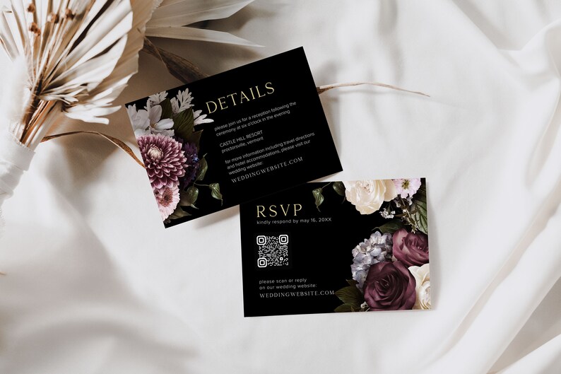 May include: Two black cards with gold text and floral designs. The first card says "DETAILS" and includes the text "CASTLE HILL RESORT" and "WEDDING WEBSITE.COM". The second card says "RSVP" and includes the text "kindly respond by May 18, 20XX" and "WEDDING WEBSITE.COM".