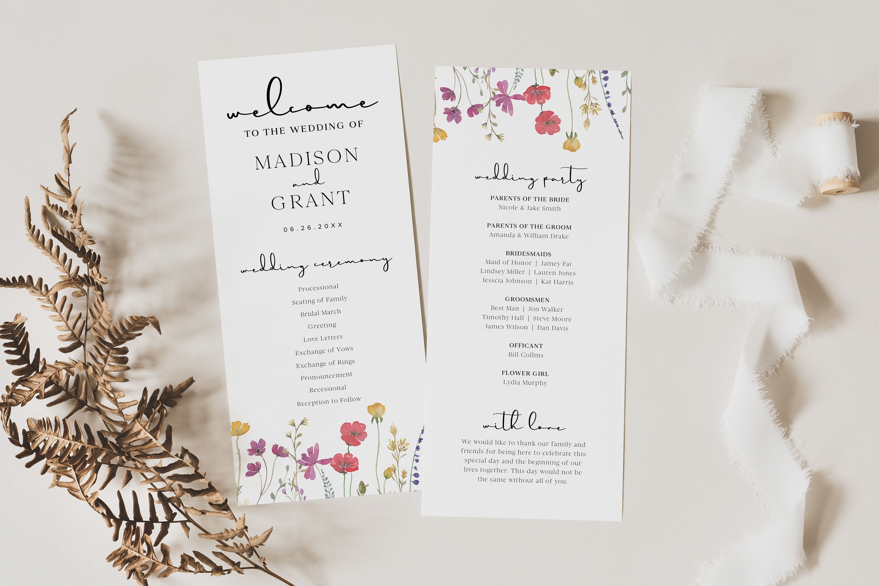 Floral Ceremony Program Template, Boho Wedding Program Card, Wildflower ...