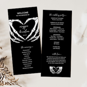 Plantilla de programa de boda gótica, tarjeta de programa de ceremonia de boda de humor oscuro, orden de servicio de Halloween, editable, descarga instantánea, B1
