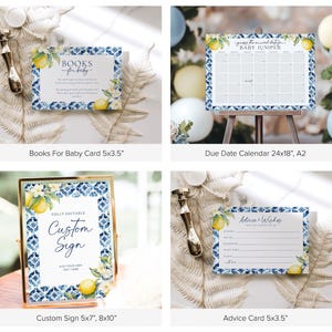 May include: A set of printable baby shower party signs featuring a blue and white tile pattern with lemons and flowers. The signs include a "Books for Baby" card, a due date calendar, a custom sign, and an advice card.