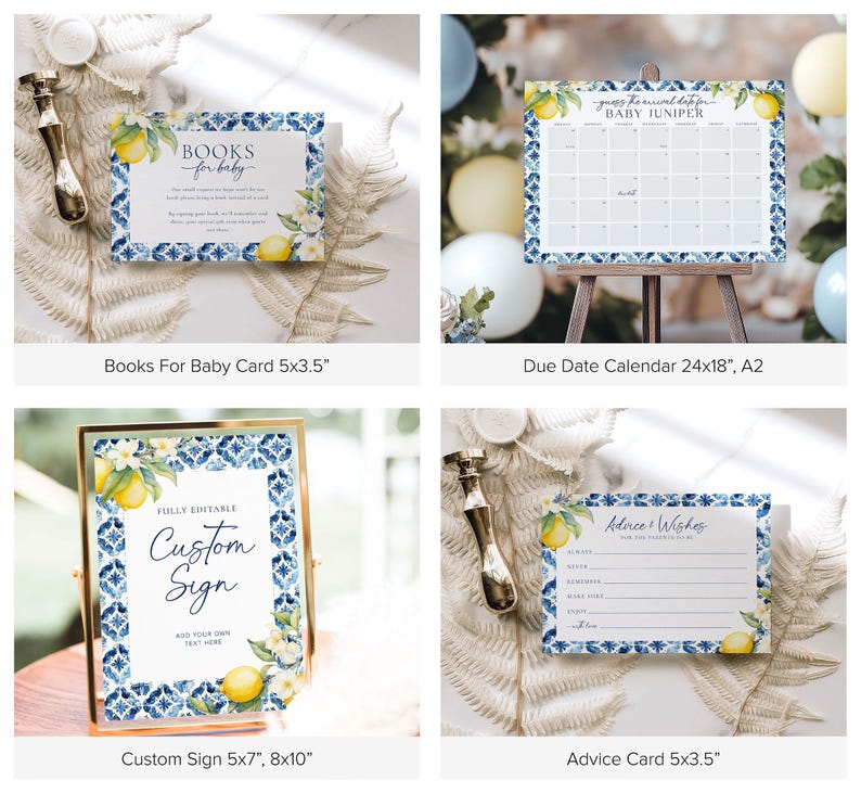 May include: A set of printable baby shower party signs featuring a blue and white tile pattern with lemons and flowers. The signs include a "Books for Baby" card, a due date calendar, a custom sign, and an advice card.