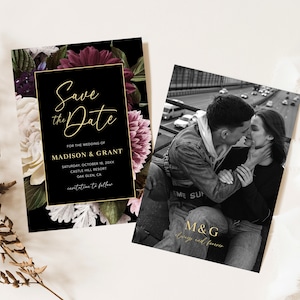 Photo Save the Date Invitation, Moody Save The Date, Dark Save The Date Invitation, Gothic Floral Save The Date, Editable Template, D2