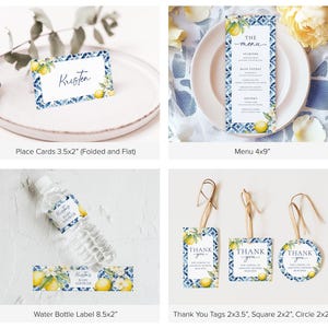 May include: A set of printable baby shower party decorations featuring a lemon and blue watercolour design. The set includes place cards, a menu, water bottle labels, and thank you tags in various shapes and sizes.
