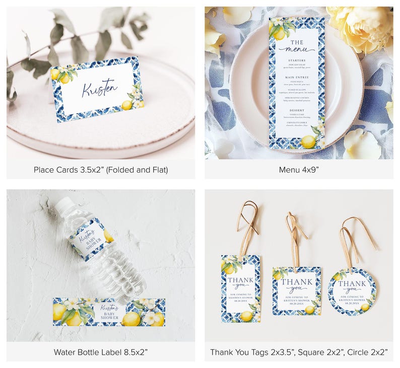 May include: A set of printable baby shower party decorations featuring a lemon and blue watercolour design. The set includes place cards, a menu, water bottle labels, and thank you tags in various shapes and sizes.