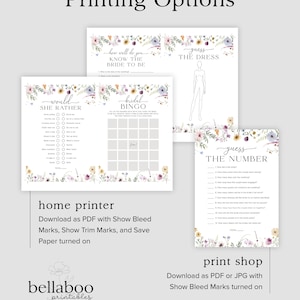 May include: Printable bridal shower games with floral borders. The games include "How well do you know the bride to be?", "Would she rather", "Bridal Bingo", "Guess the dress", and "Guess the number".